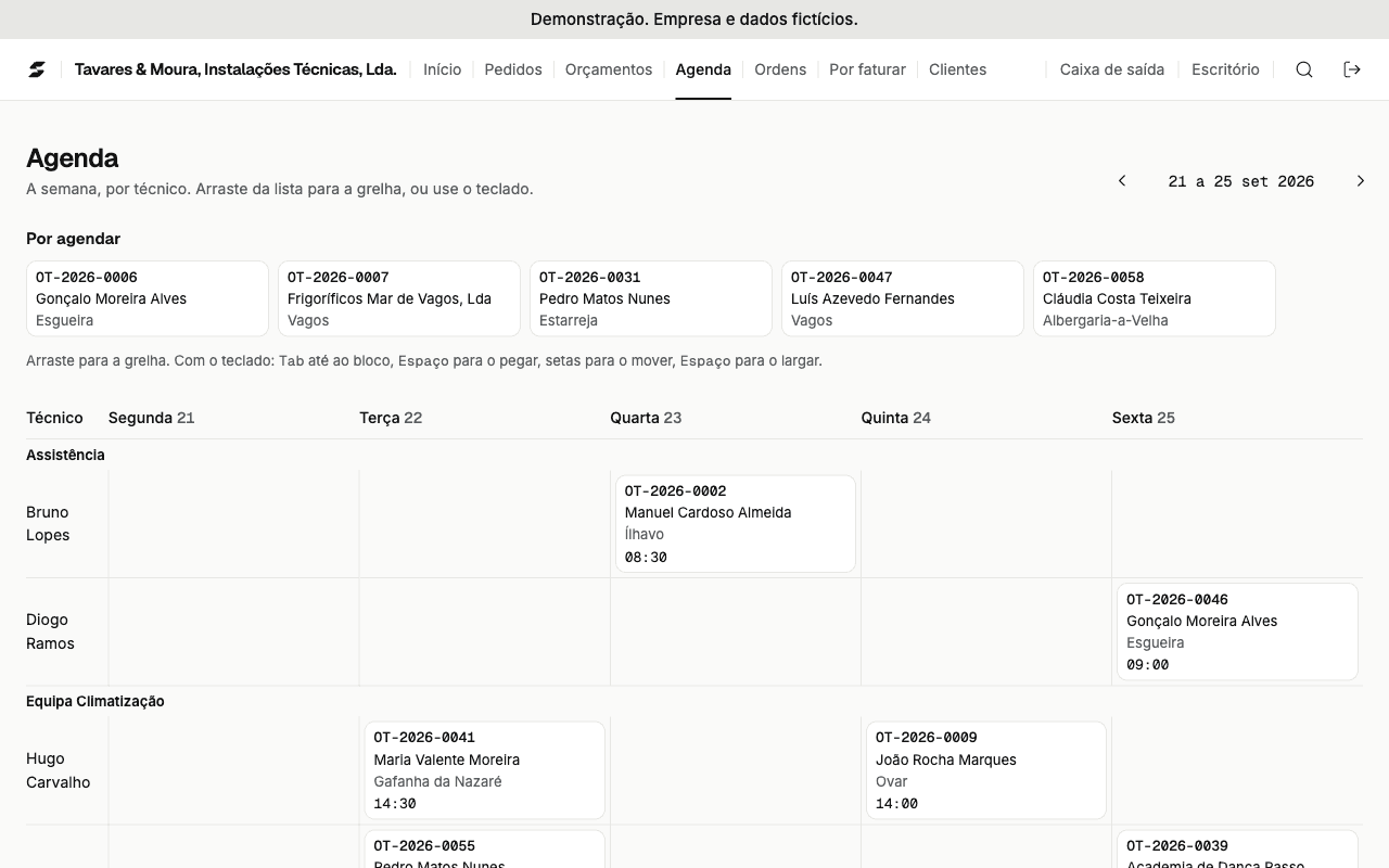 A agenda da semana na demonstração: as ordens de trabalho de cada técnico, dia a dia, e as que estão por agendar.